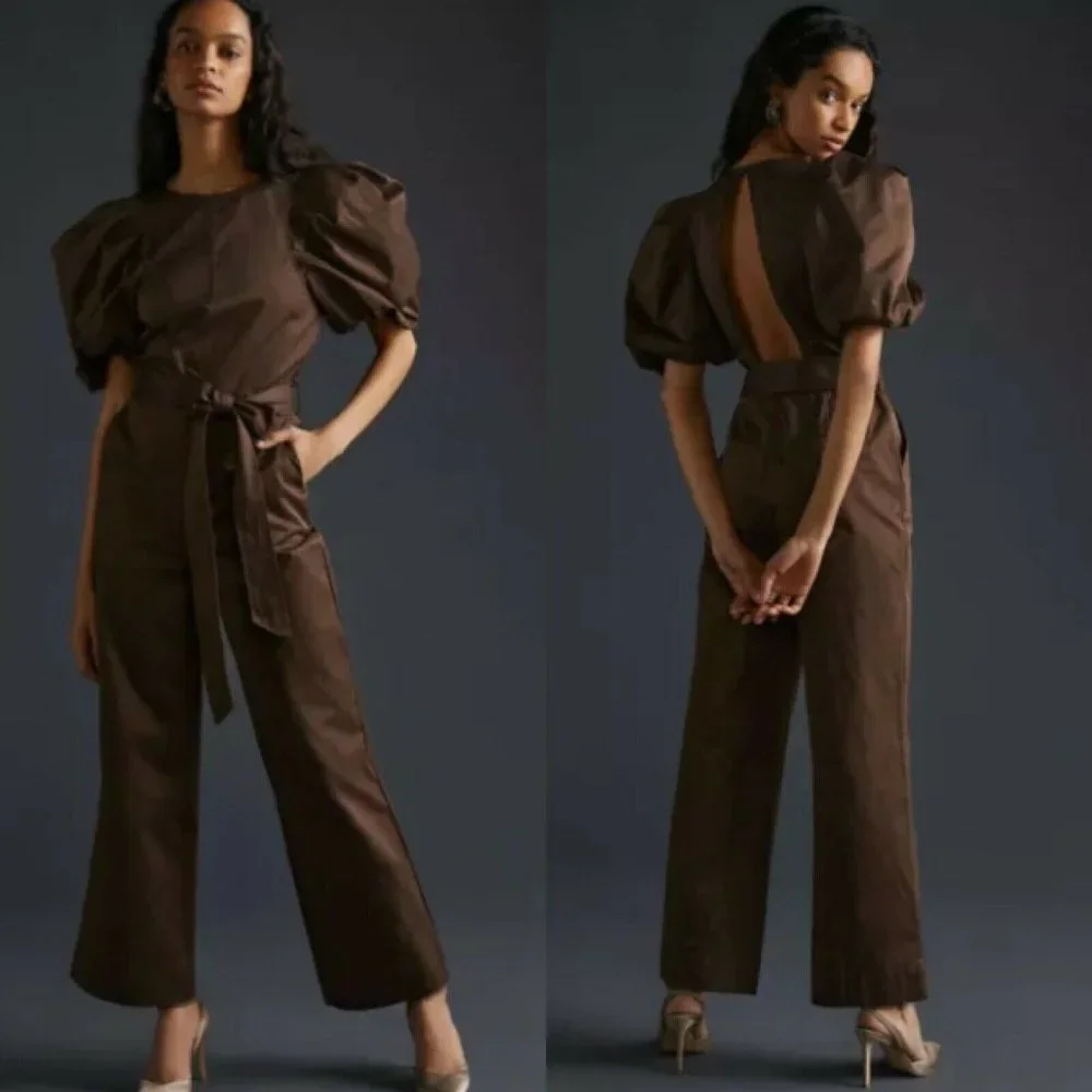 NWT Anthropologie Puff-Sleeved Open-Back Jumpsuit M HTF En Saison Brown